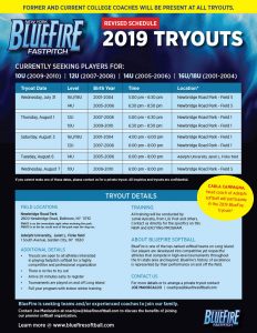 BlueFire Softball 2019 revised tryout schedule